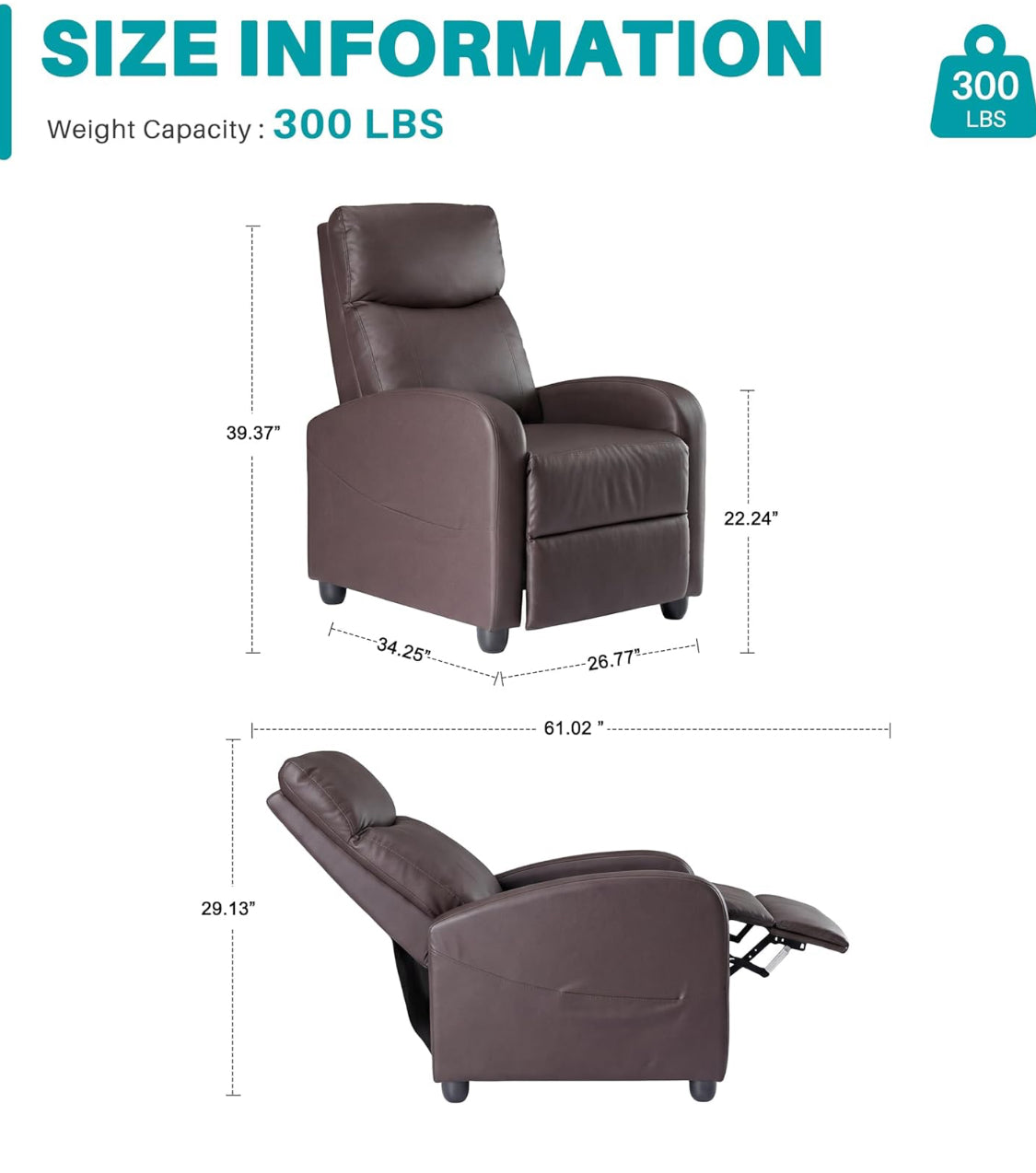New Other SweetCrispy Home Theater Reclining Chair With Lumbar Support, Brown
