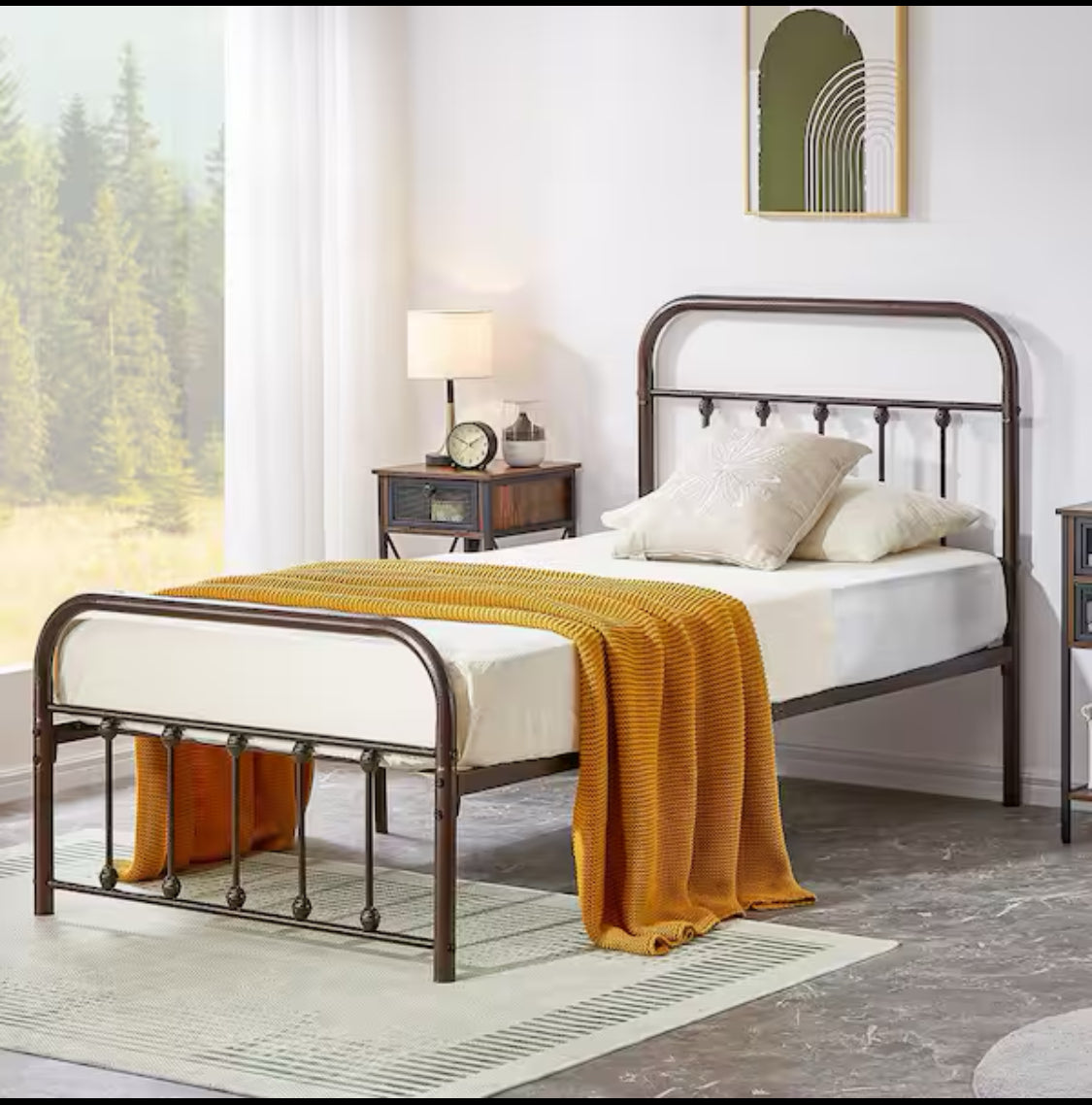 New Open Box Vecelo Victorian Heavy-Duty Metal Twin Platform Bed With Headboard