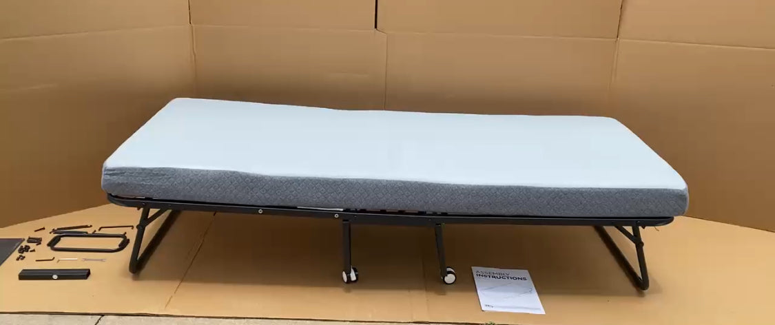 Like New Decofy Folding Twin Size Metal Frame Bed With Memory Foam Mattress