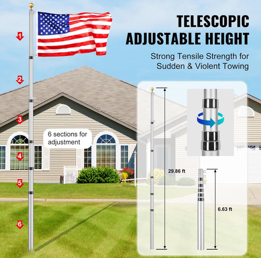 New VEVOR 30FT Telescoping Aluminum Flag Pole Kit With 3’ x 5’ American Flag