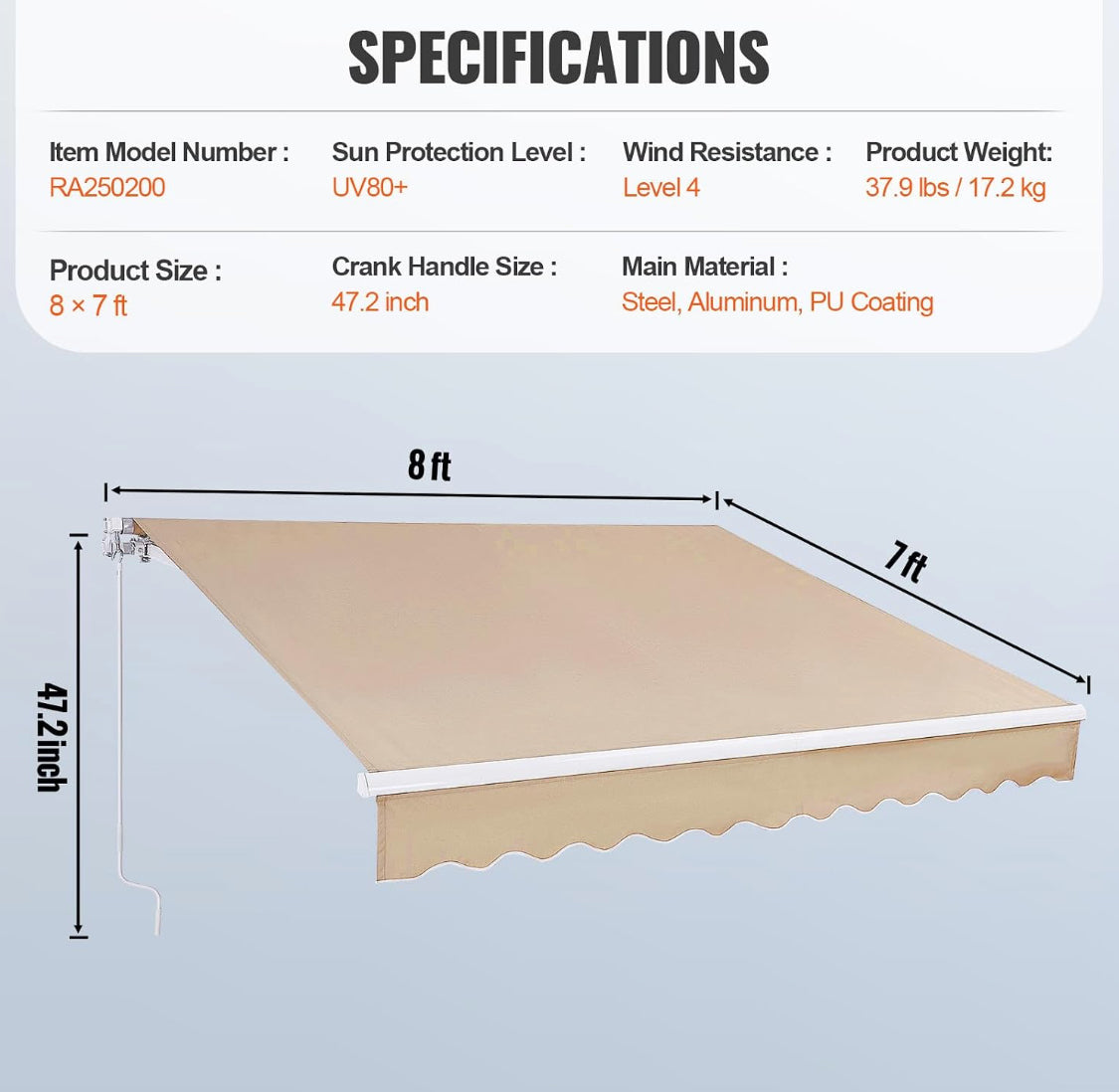 New Other VEVOR Manual Retractable 8 x 7 ft Awning/Sun Shade With Crank Handle