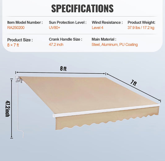 New Other VEVOR Manual Retractable 8 x 7 ft Awning/Sun Shade With Crank Handle