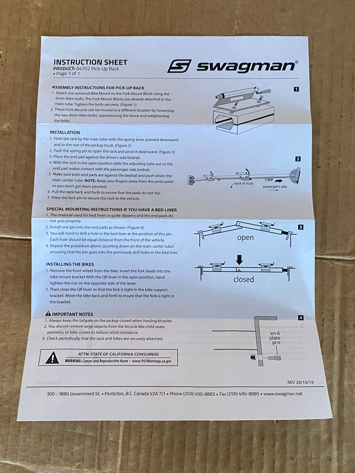 New Open Box Swagman Pick Up Truck Bed Bike Rack For 9mm Quick Release Bikes