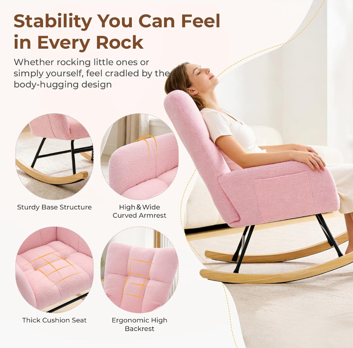 New Other DUMOS Nursery Upholstered Teddy Glider Rocking Armchair, Pink