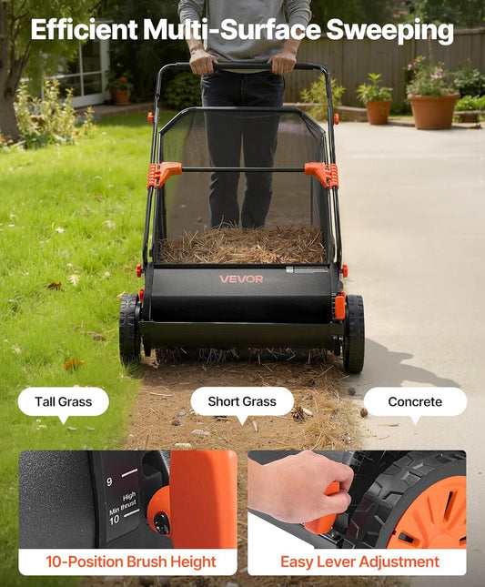 VEVOR 26” Leaf & Grass Push Lawn Sweeper/Collector With 7 cu. ft. Hopper Bag