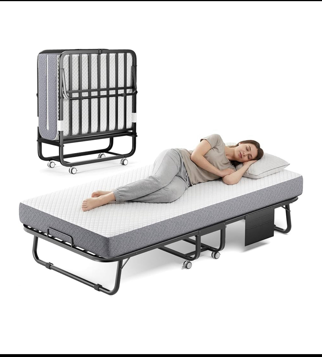 New Open Box Decofy Portable Folding Bed With Wheels & Memory Foam Mattress