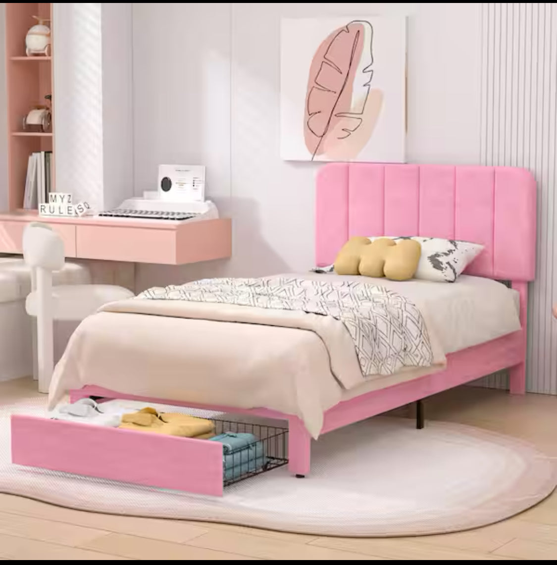 New Open Box Vecelo Twin Platform Bed With Metal Frame & Upholstered Headboard