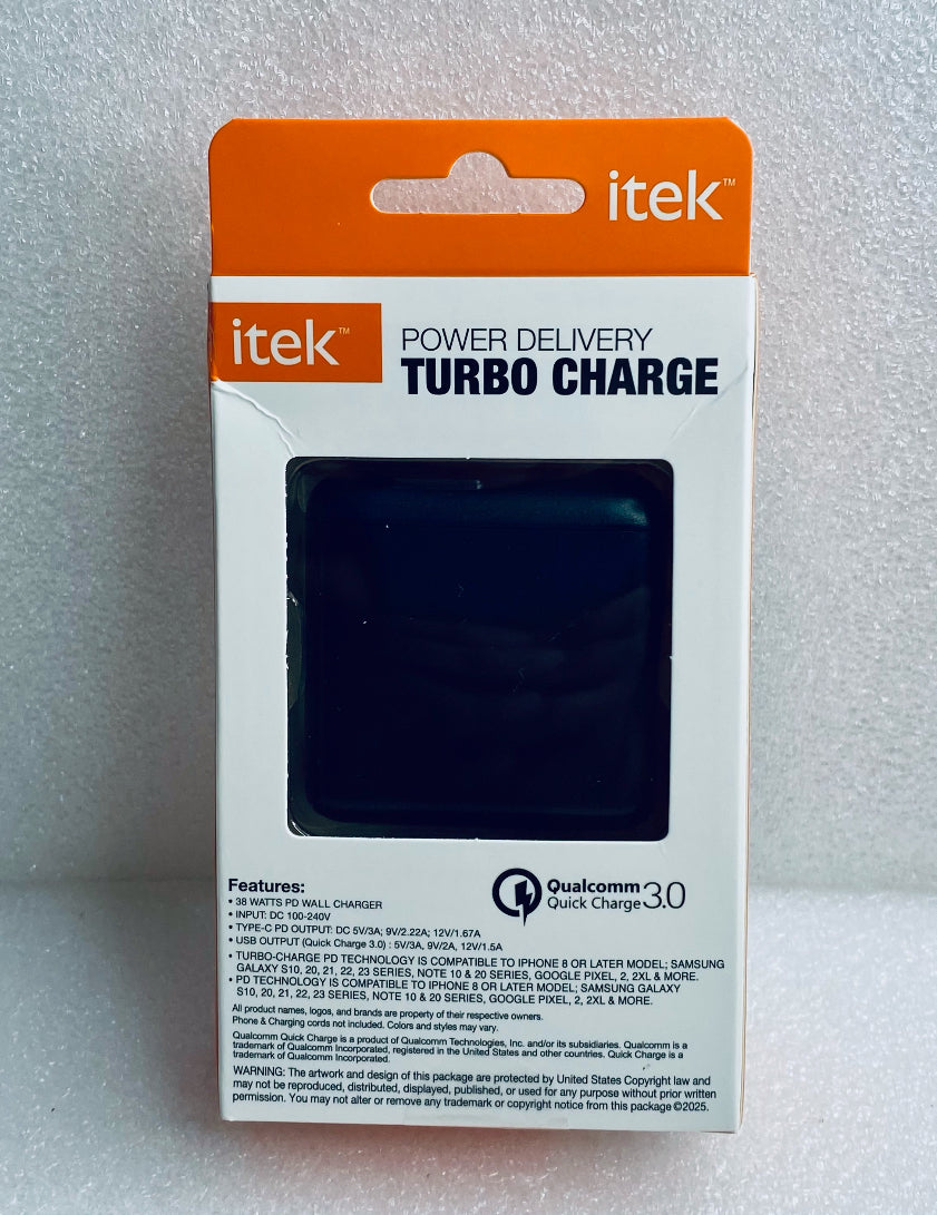 New Itek Power Delivery Turbo Charge 38 Watt Wall Charger Black