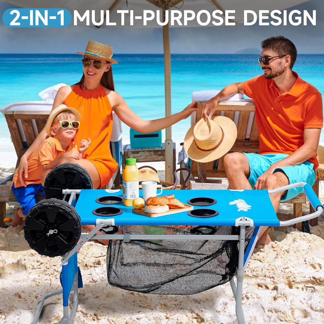 Old Bahama Bay 2-in-1 Folding Beach Cart With Big Wheels For Sand, Blue