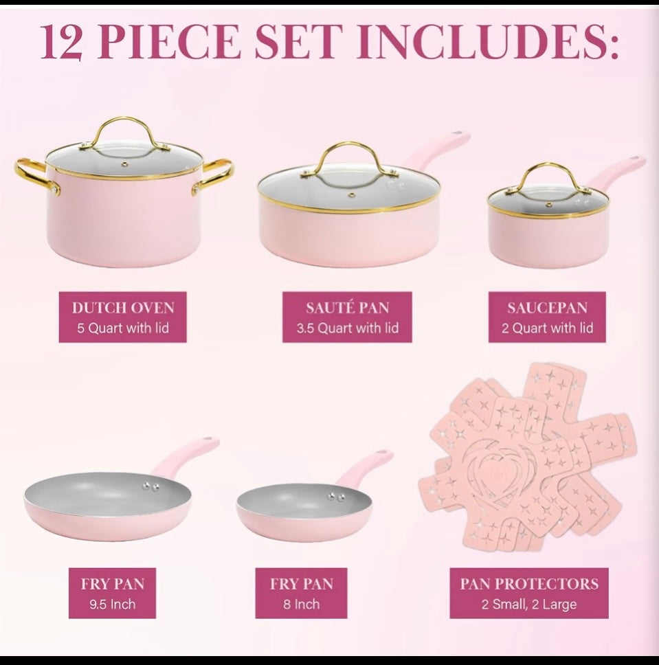 New Other Paris Hilton 12-Pc Pink Epic Nonstick Pots & Pans Cookware Set W/Lids