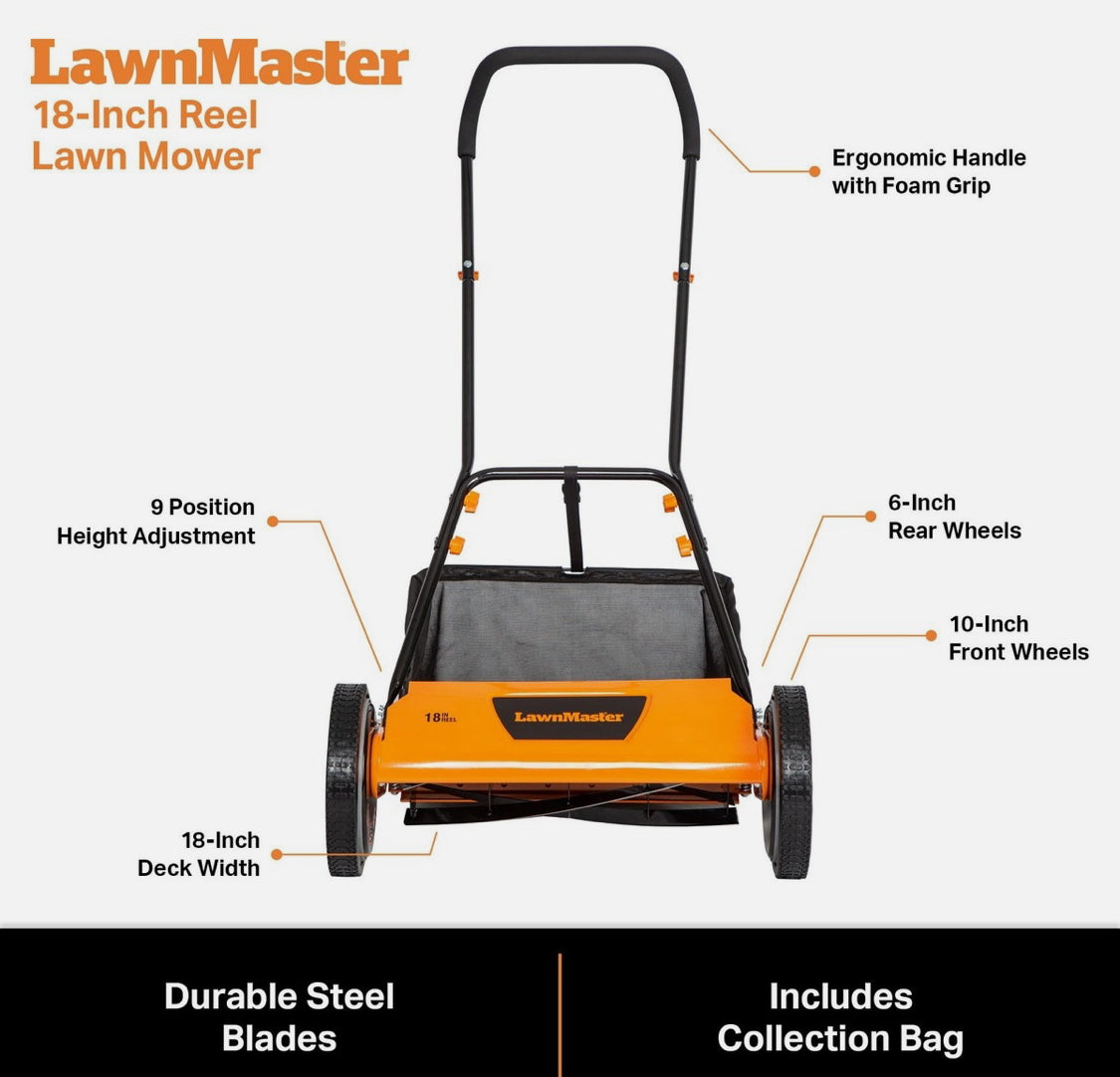 Like New LawnMaster 18" 5-Blade Manual Push Reel Lawn Mower, Orange/Black