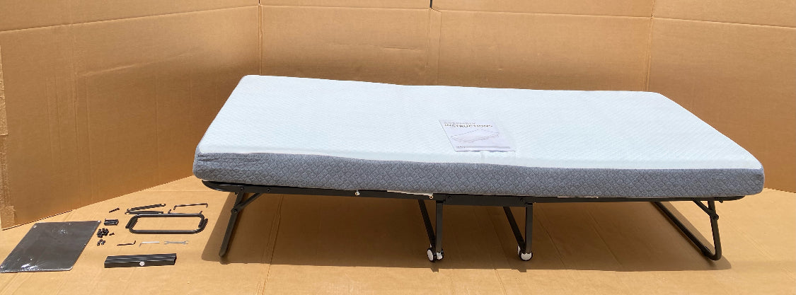 Like New Decofy Folding Twin Size Metal Frame Bed With Memory Foam Mattress