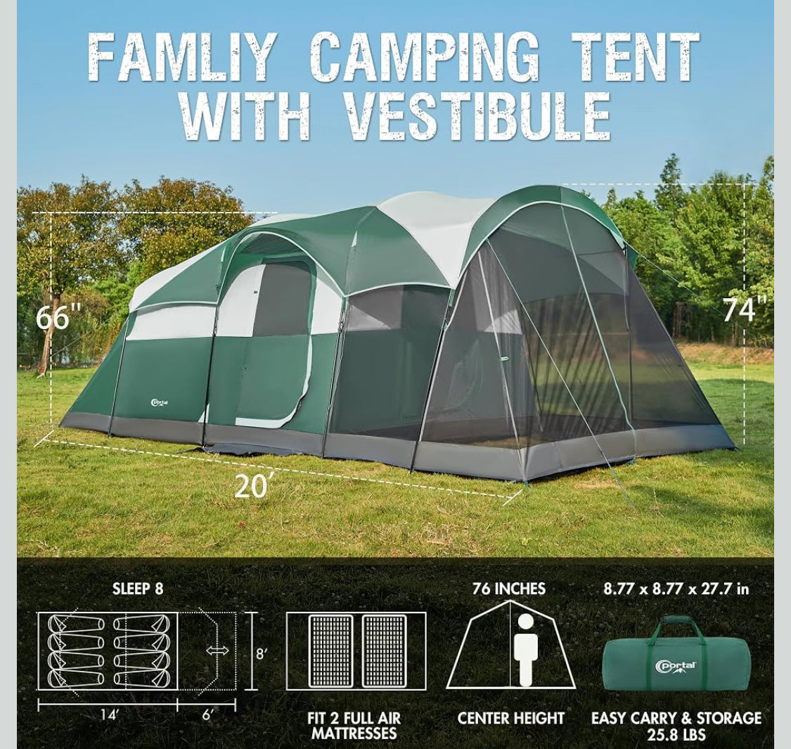 Like New PORTAL 8 Person Family Camping Tent With Screen Room, Green