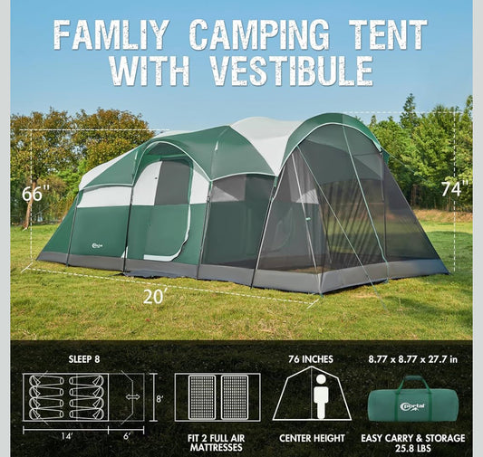 Like New PORTAL 8 Person Family Camping Tent With Screen Room, Green