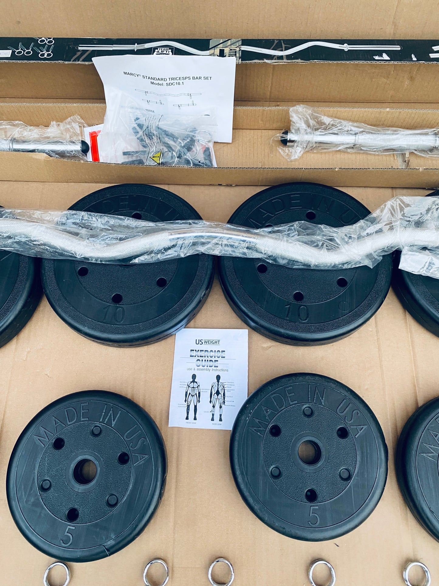 New Other (4) 10lb., (4) 5 lb. Weights, (4) Dumbbell Bars & (1) Curl Bar
