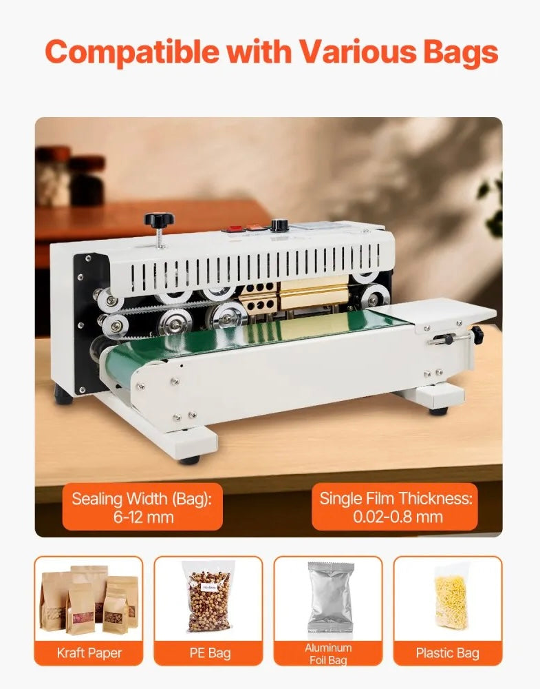 New Open Box VEVOR Continuous Bag Band Sealing Machine With Temperature Control