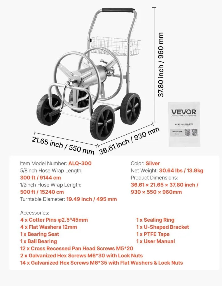 New Open Box VEVOR Water Hose Reel Cart, Holds Up to 300ft Hose With 4 Wheels