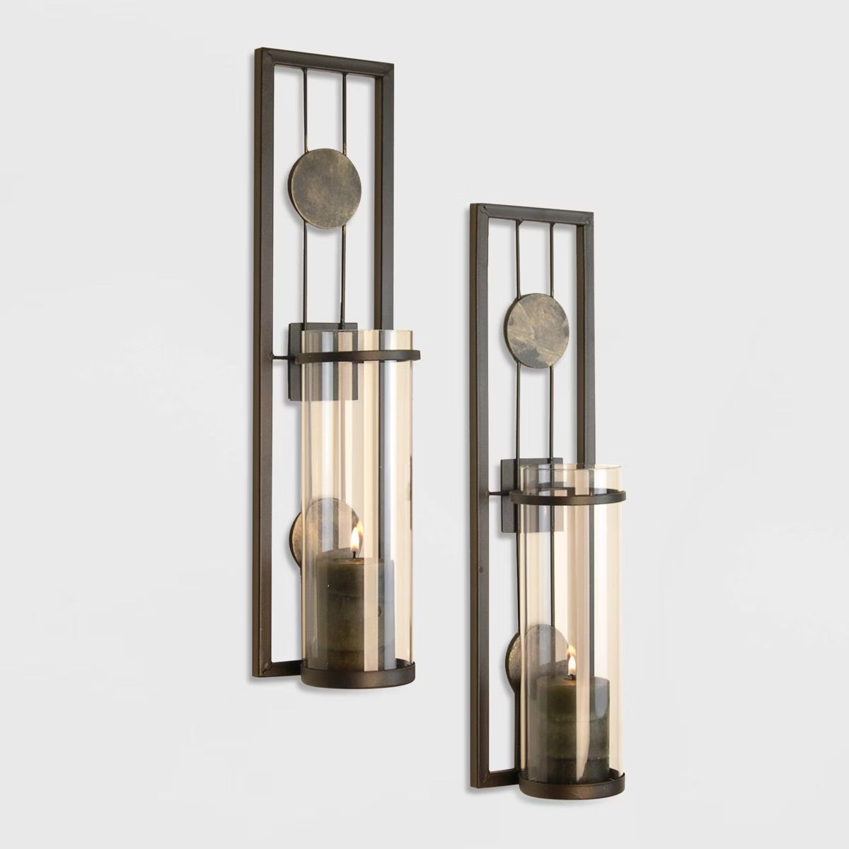 Set Of 2 – New Danya B Contemporary Iron & Glass Wall Sconces For Pillar Candles