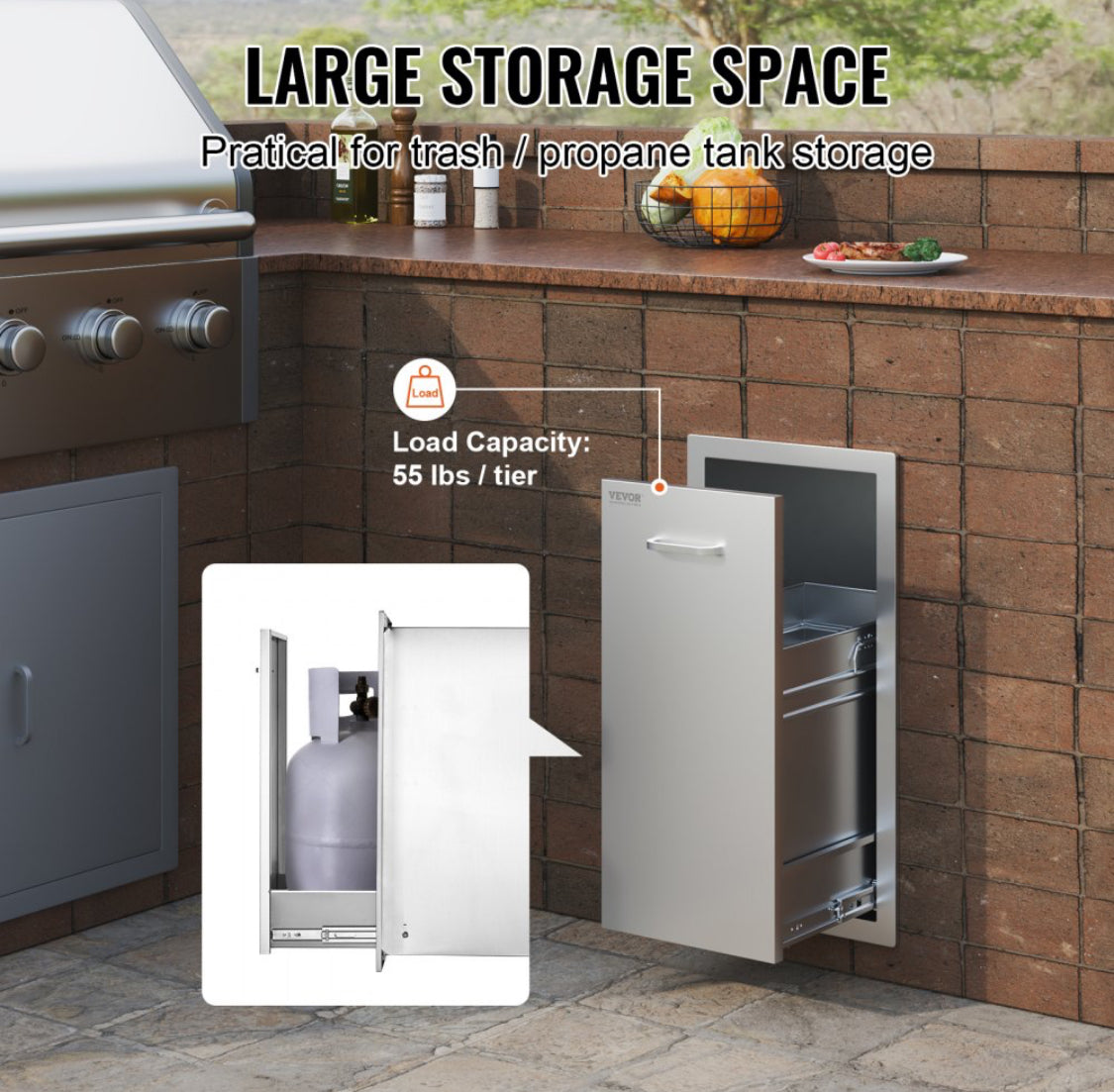 New VEVOR Pull Out Drawer Trash Bin With Sliding Rails In Stainless Steel