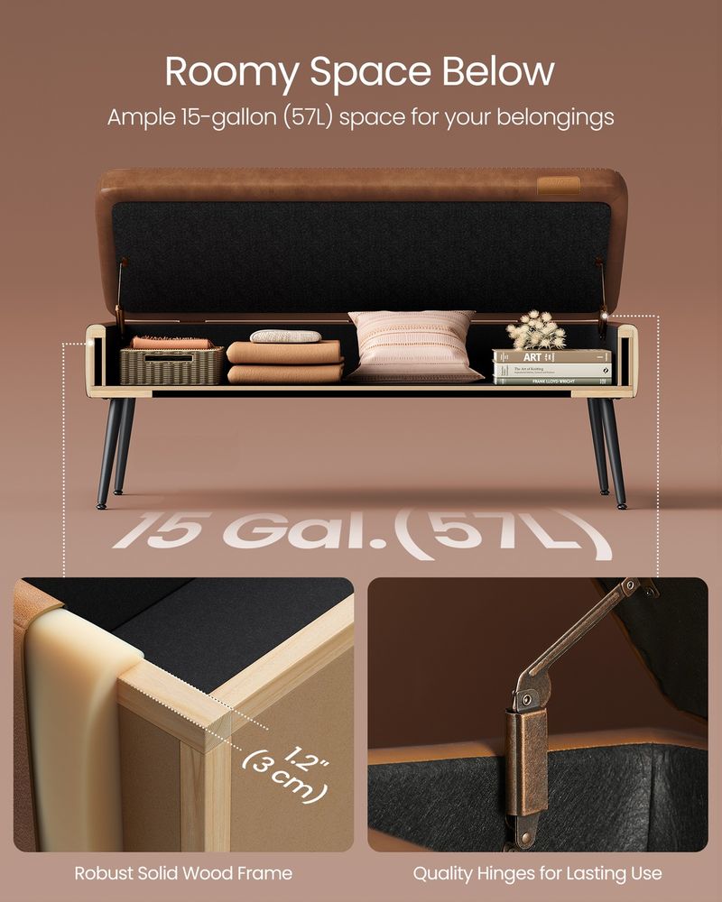 VASAGLE EKHO Collection Storage Ottoman Bench With Steel Legs, Caramel Brown