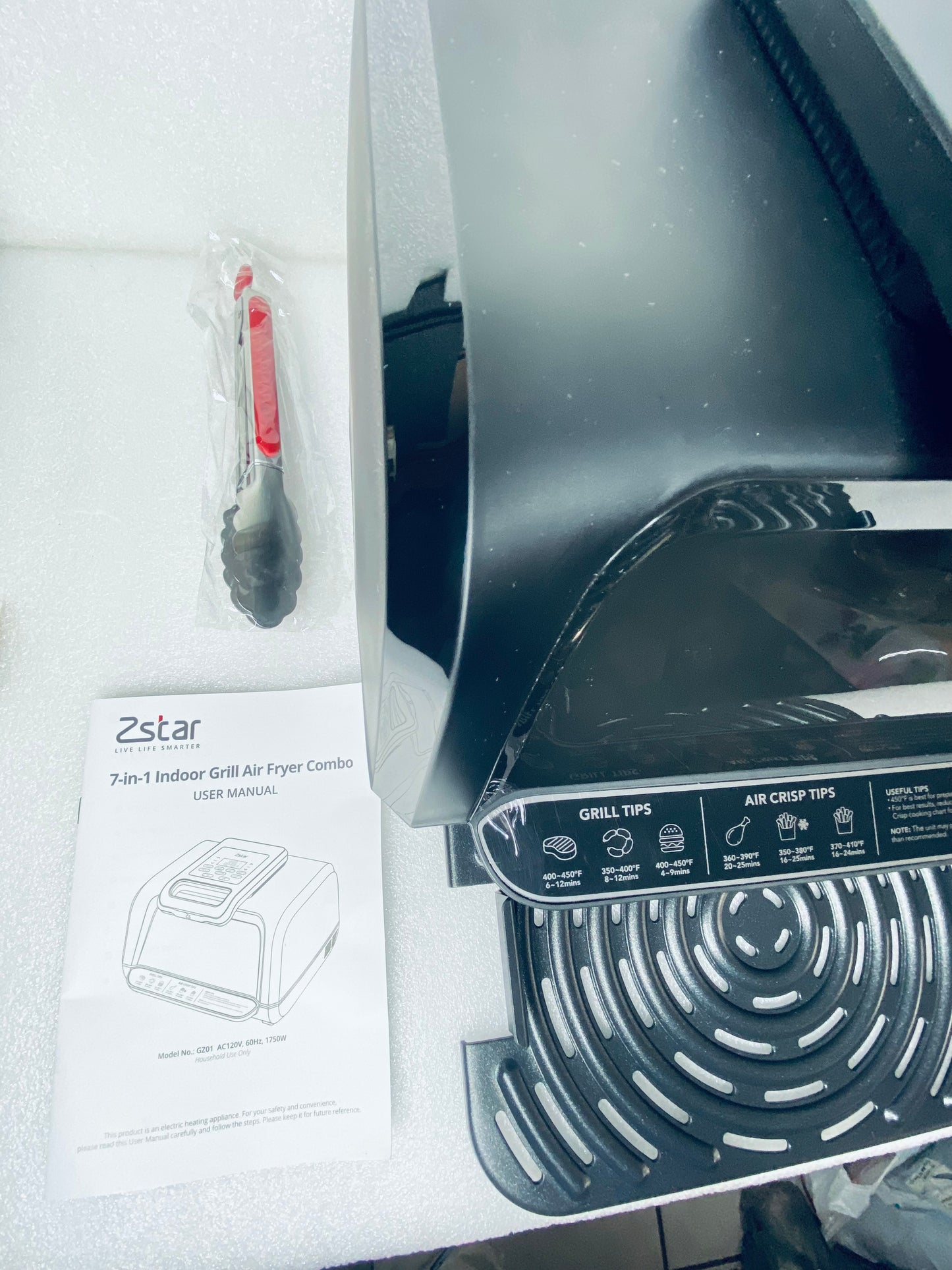 New Other Zstar 7-in-1 Indoor Air Fryer Grill Combo, GZ01, Black With Tongs
