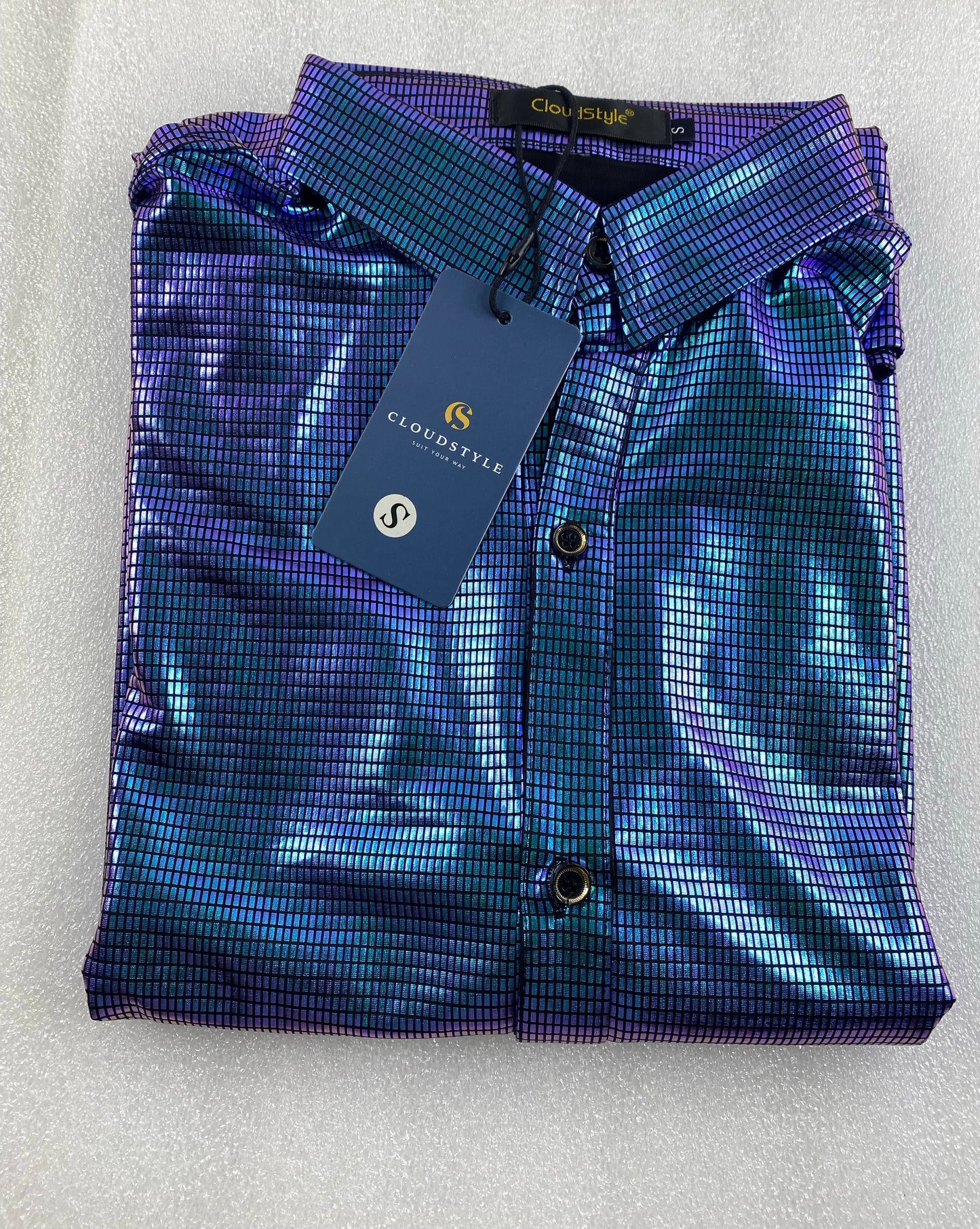 New CloudStyle Men's Small Glossy Fashion Gilded Check Lapel Long Sleeve Shirt