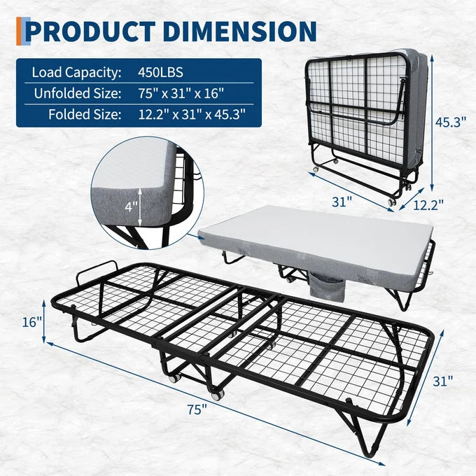 New Open Box Garvee 75" x 31" Metal Rollable/Folding Bed With 4” Mattress, Black