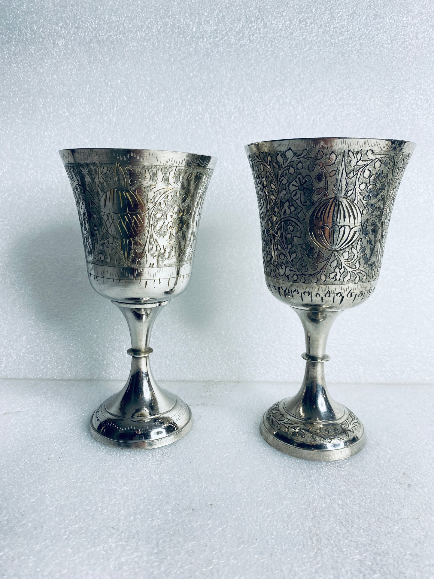 Lot Of 2-Vintage World Gift Z.Y. India Chalice Goblet Etched Brass Silver Plated