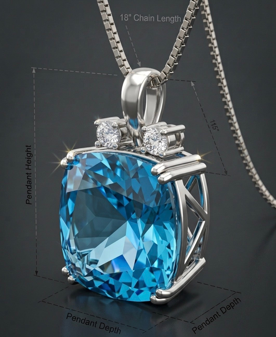 New Designer s925 Sterling Silver 5.5 Ct Cushion Swiss Blue Topaz Pendant Diamond 18” Necklace 4.5g
