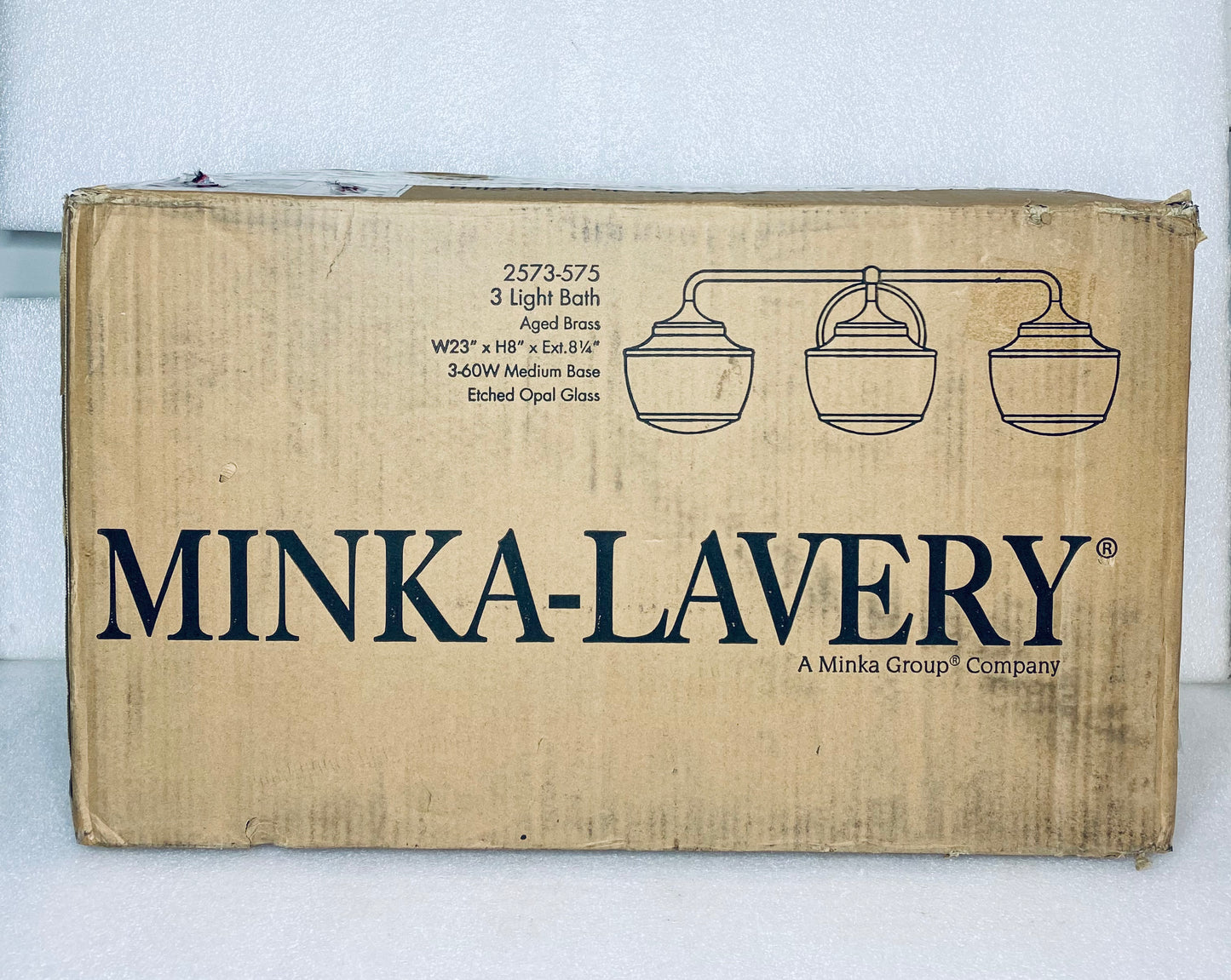 New Open Box Minka Lavery Cornwell 23" 3-Light Aged Brass Vanity Light W/Shades