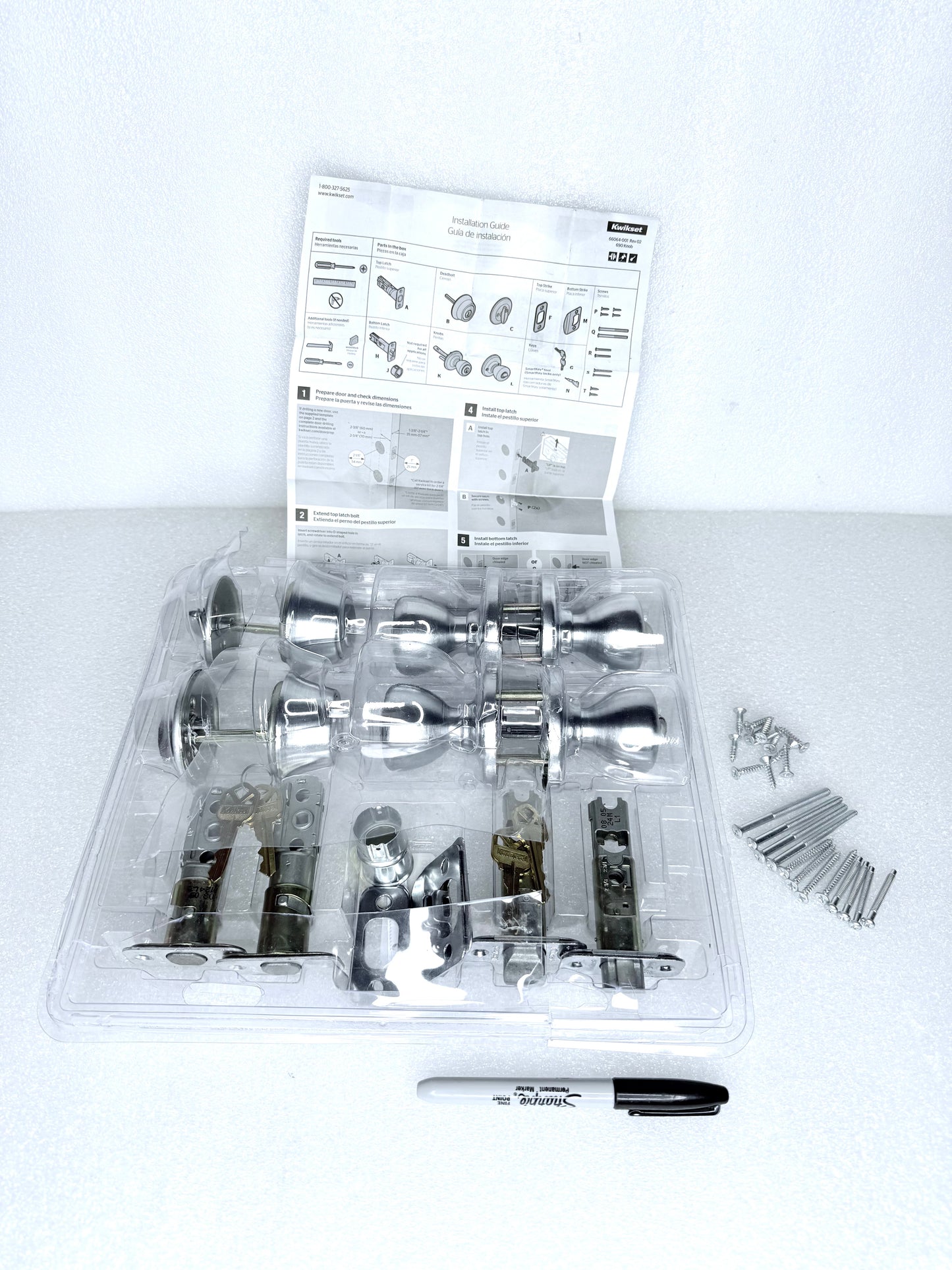 #158 - Kwikset Keyed Indoor Knob & Deadbolt Set, (2 Knobs, 2 Keys & 2 Deadbolts) 66064-001 690, Satan Nickel - (READ) $$$