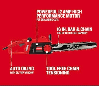 New Other CRAFTSMAN 16" 12 Amp Electric Corded Chainsaw, Red/Black