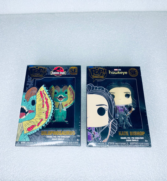 #66 - lot Of 2 - New Funko Pop Pins, Jurassic Park & Marvels Hawkeye - (READ) - (IN CONDITION AS SHOWN)
