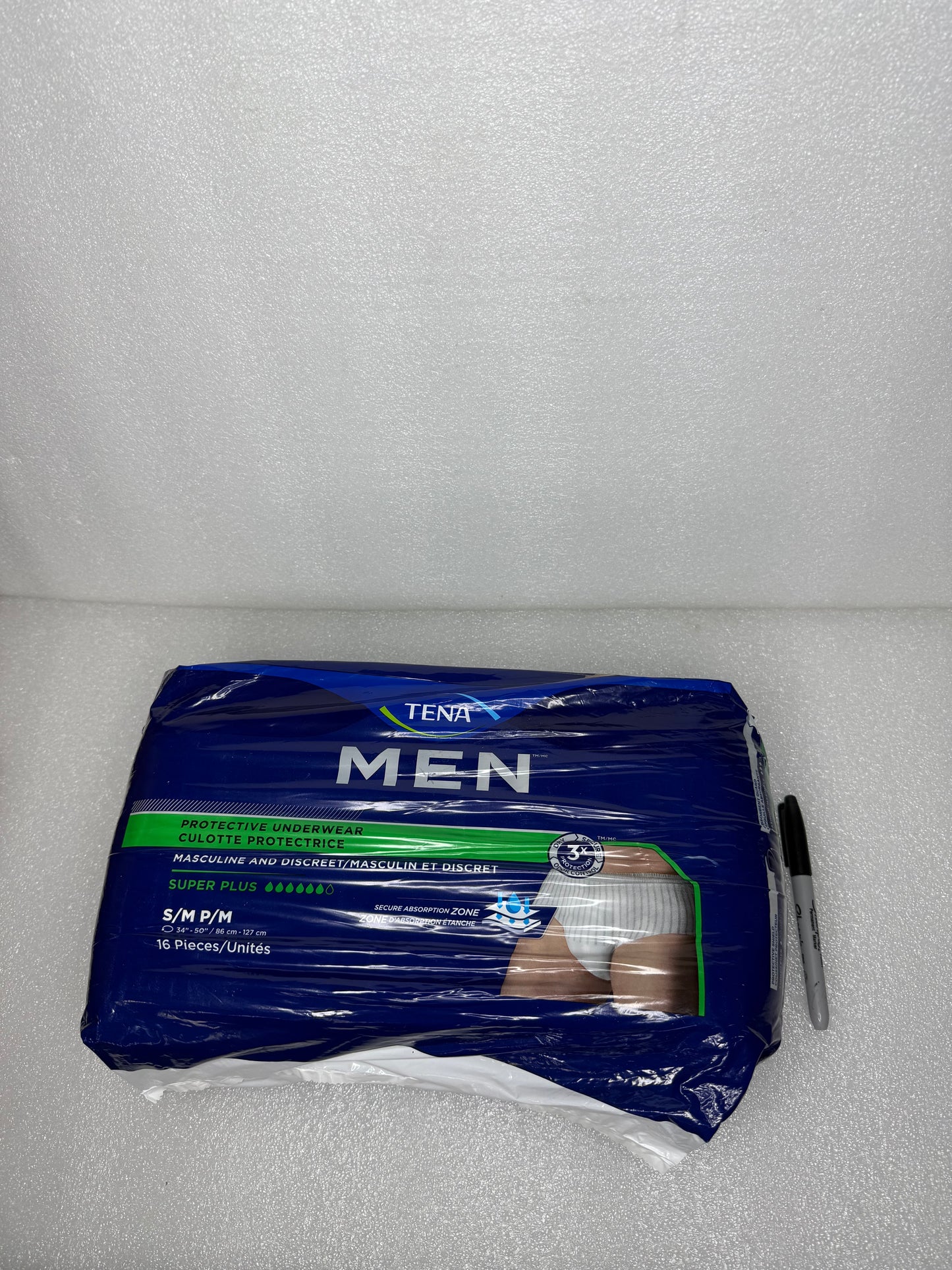 #119 - New Tena Mens Underwear Super Plus Small, 16 Piece - (IN CONDITION AS SHOWN) $$