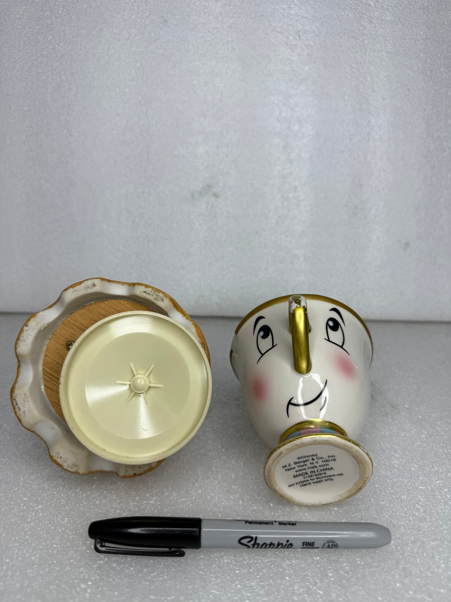 #136 - lot Of 2 - Vintage Collectible Items, 6" Music Box "It's A Small World" & Beauty And The Beast TeaCup - (READ) $$$