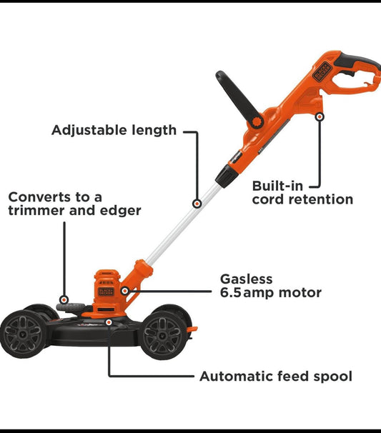 BLACK+DECKER 3-in-1 12” Corded Lawn Mower, String Trimmer & Edger, BESTA512CM