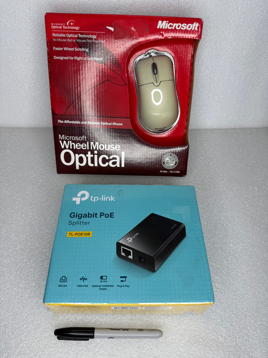 #161 - lot Of 2 - New - Microsoft Wheel Mouse Optical & Tp-link Gigabit Poe Splitter - (AS SHOWN) $$