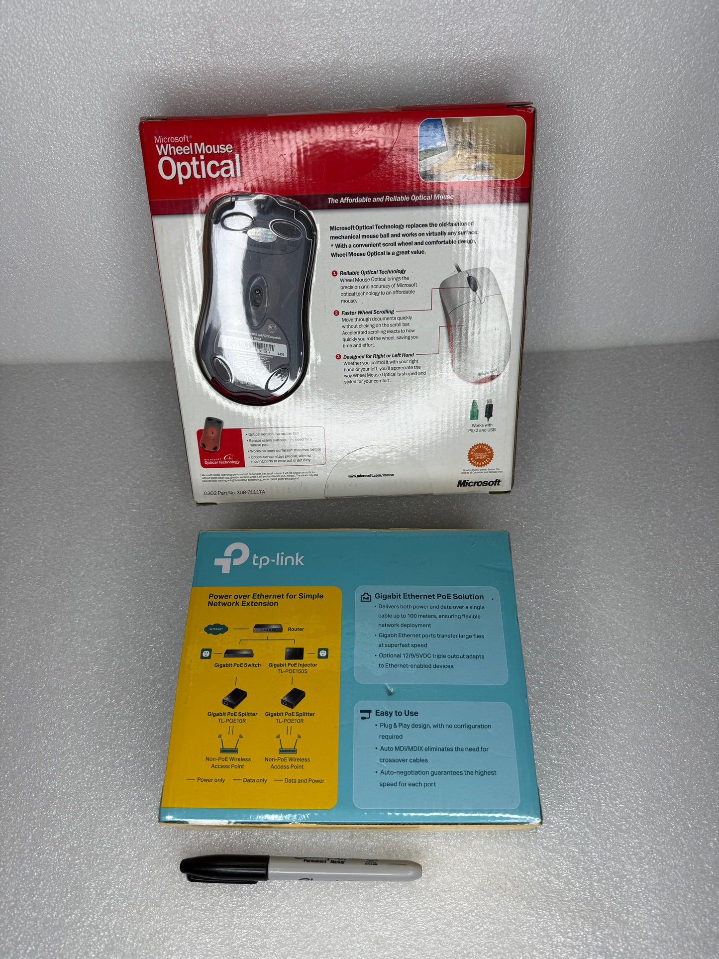 #161 - lot Of 2 - New - Microsoft Wheel Mouse Optical & Tp-link Gigabit Poe Splitter - (AS SHOWN) $$