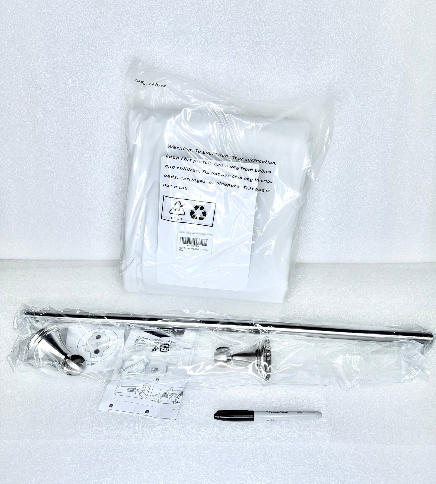 #178 - lot Of 2 - New 24" Towel Bar & White Curtain Set - (IN CONDITION AS SHOWN)