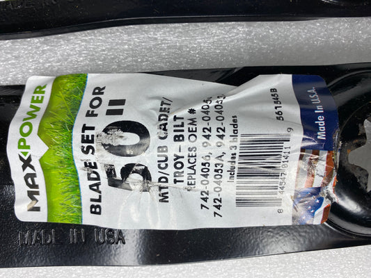 #222 - Lot Of 3 New Max Power Blades For 50" MTD/CUB CADET/TROY-BILT (IN CONDITION AS SHOWN) (READ)