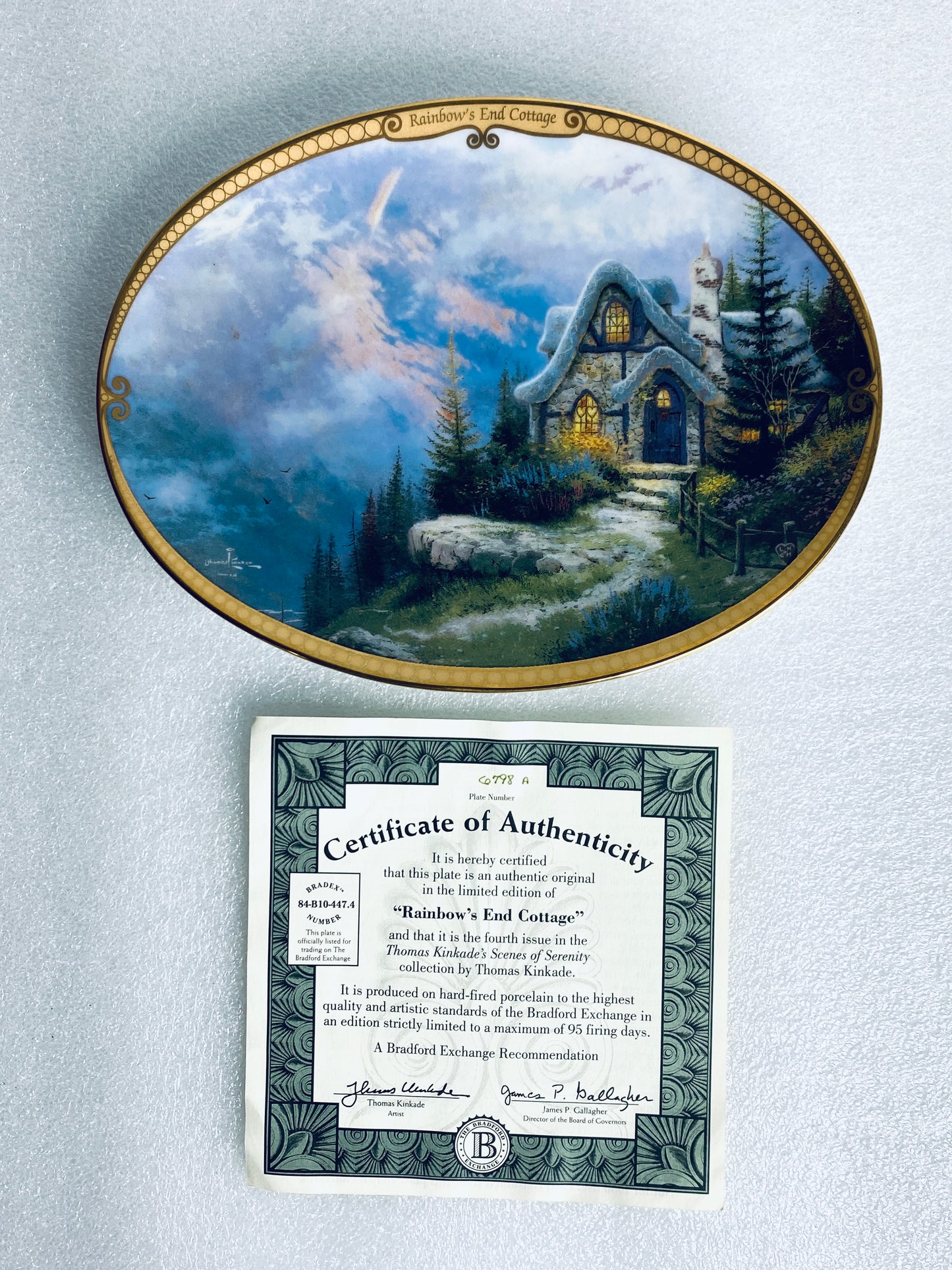 thomas Kinkade's Scenes Of Serenity "Rainbow's End Cottage" Oval Plate With COA
