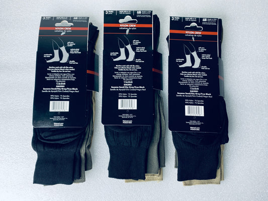 lot Of 3 New – George Nylon Crew Socks, Shoe Size 6-12, 9 Pairs Total