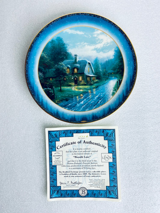 thomas Kinkade's Peaceful Retreats "Moonlit Lane" Round Plate With COA