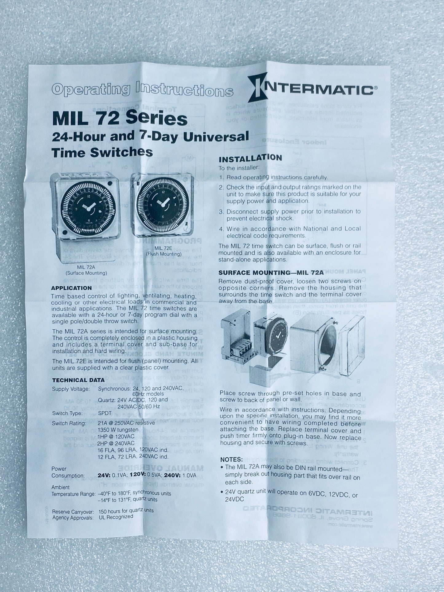 INTERMATIC Electromechanical 7 Day Time Switch 240V 50/60HZ, MIL72AQWUZH-240