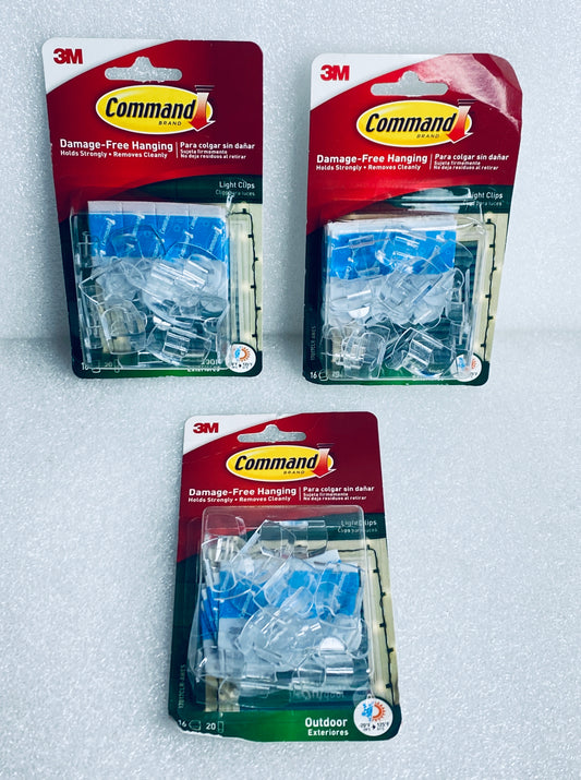 lot Of 3 New - Command 3M (16) Light Clips & (20) Adhesive Strips, Each Package