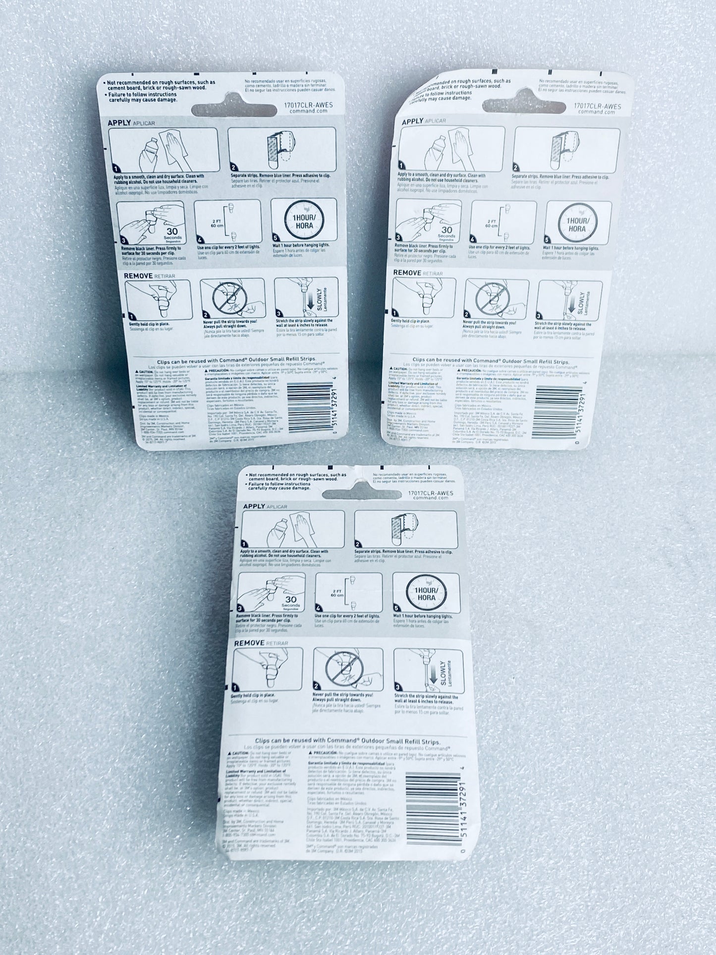 lot Of 3 New - Command 3M (16) Light Clips & (20) Adhesive Strips, Each Package