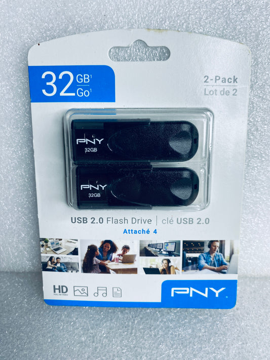 lot Of 2 New - PNY Attaché 4 32GB USB 2.0 Flash Drive, P-FD32GX2ATT4-GE
