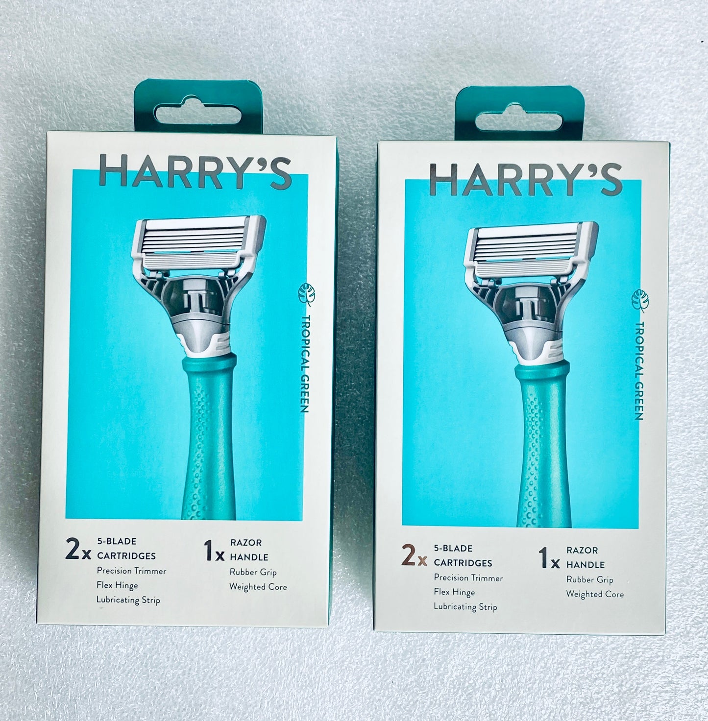 #170 - lot Of 2 New - Harry’s Tropical Green Razor Handle + 2 / 5-Blade Cartridges - (READ) - (AS SHOWN)