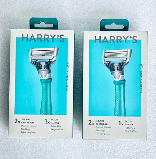 #170 - lot Of 2 New - Harry’s Tropical Green Razor Handle + 2 / 5-Blade Cartridges - (READ) - (AS SHOWN)