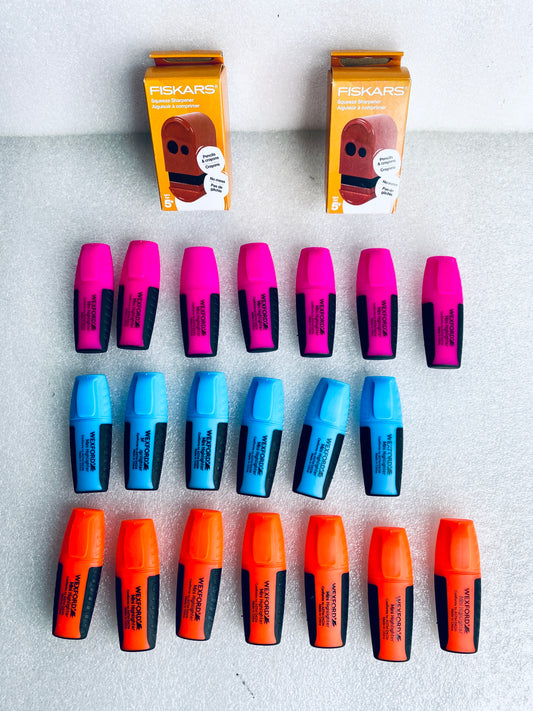 #90 - lot Of 22 - (2) Fiskars Sharpeners & (20) Wexford Mini Highlighters - (IN COLOR & CONDITION AS SHOWN)